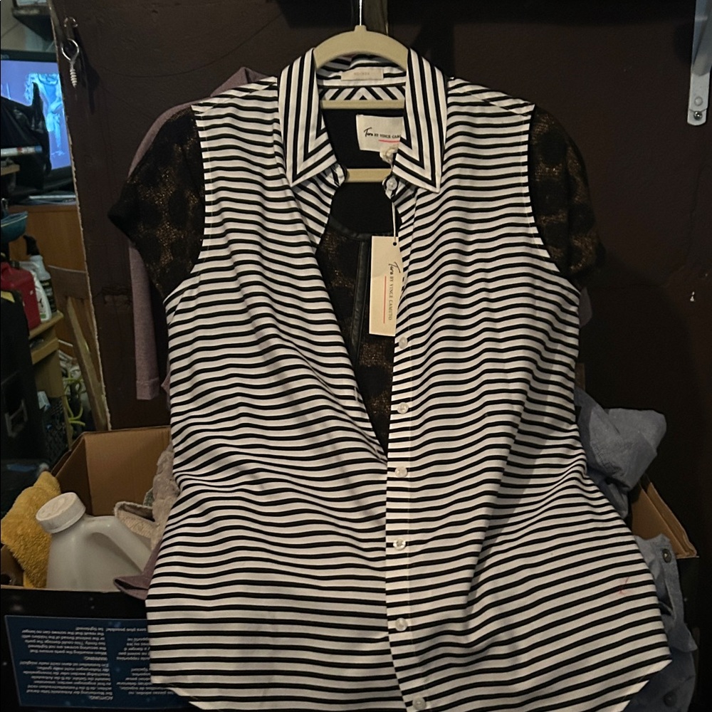 Two by Vince Camuto Black and White Striped Blouse